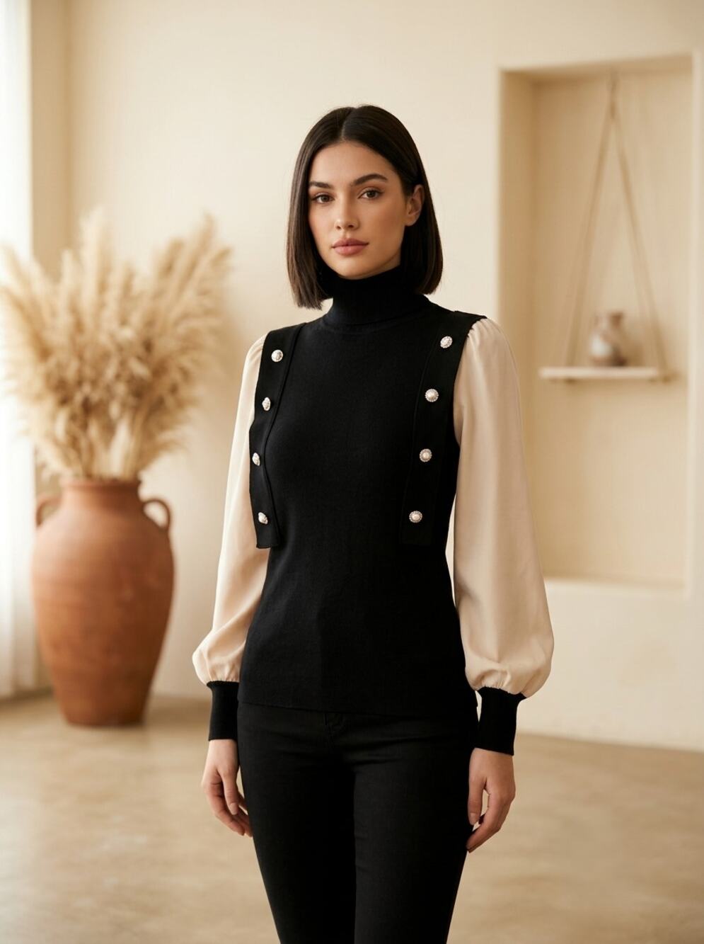 Black Turtleneck Womens M Black Beige Ribbed Knit Gold Button Detail SHEIN